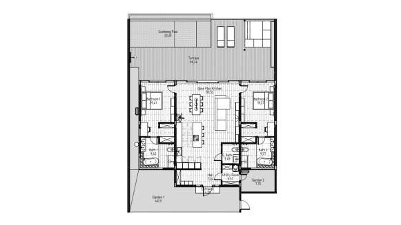 Планировка виллы 2 спальни в ЖК Serenity Villas № 11016 (2D)