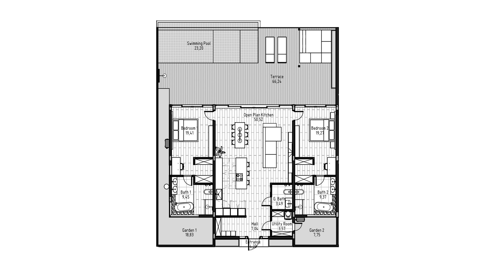 Планировка виллы 2 спальни в ЖК Serenity Villas № 11017